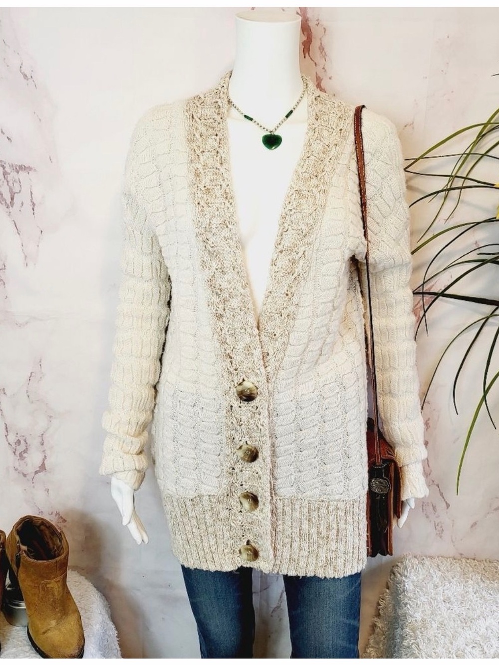 Free People Cream Cable Knit Button-Front Cardigan